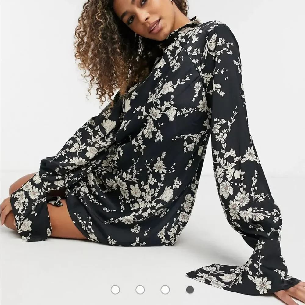 Free People Revolve Aries Long Sleeve Floral Printed Open Back Mini Dress
